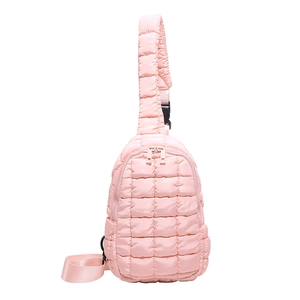 Minimalist light pink quilted nylon crossbody bag with adjustable strap in a clean studio shot