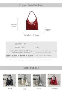 Detailed size specifications and color options for the stylish PU leather handbag