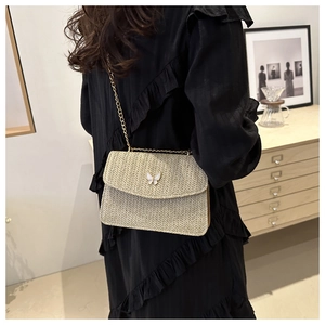 Detail of woven light brown crossbody bag with butterfly clasp and gold chain strap