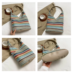 Detailed views of a multi-color striped knit tote bag with premium leather straps