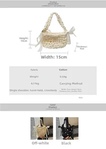 Detail showing handwoven fabric bag with decorative bow ribbon and pearl pendant charm