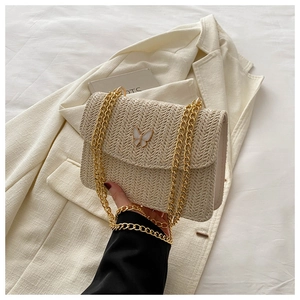 Fashion Woven Shoulder Bag With Butterfly Metal Buckle Gold Chain Strap Casual Summer Vacation Crossbody Bag For Women