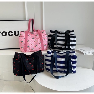 Detailed display of four large capacity tote bags with quilted patterns and striped designs