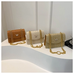Chic woven flap crossbody bags with butterfly shell buckles in three colors and gold chains