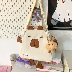 Sac bandoulière minimaliste en nylon blanc forme capybara avec oreilles 3D et pendentif