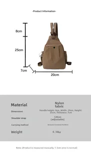 Tableau détaillé des tailles pour sac en nylon marron avec dimensions 20x25x7cm et poignée