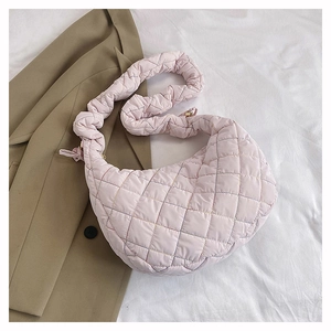 Trendy Quilted Nylon Shoulder Bag For Women Ruched Strap Rainbow Stitching Large Capacity Half Moon Hobo Crossbody Bag