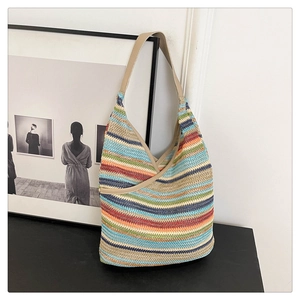 Colorful striped woven shoulder bag with large capacity in summer knit design