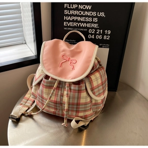 Pink checkered nylon backpack with bow embroidery and adjustable straps for women