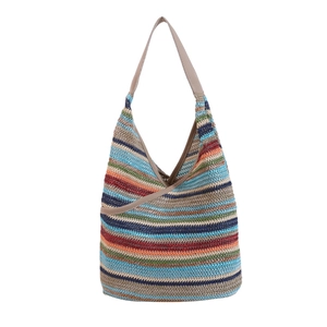 Handmade striped woven straw tote bag with brown leather shoulder strap for vacation