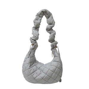 Quilted nylon hobo crossbody bag in light grey with rainbow stitching and scrunchie strap