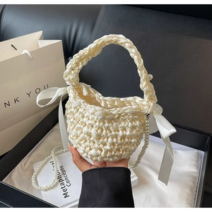 Woven Satin Bucket Handbag With Artificial Pearl Decoration And Elegant Bow Knot Women Shoulder Crossbody Jewelry Bag