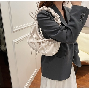 Elegant cream PU shoulder bag with cloud-like pleats and delicate bow detail decoration
