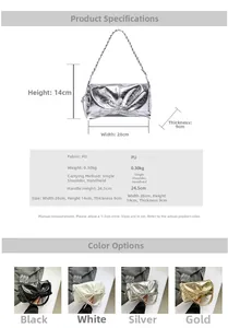 Detailed size specifications for the silver metallic PU handbag with bow details