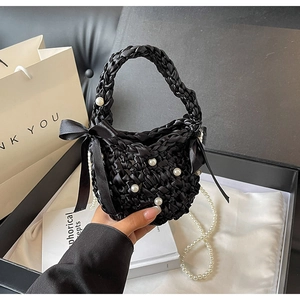 Elegant black woven satin handbag with pearls and bow detail for women's crossbody wear