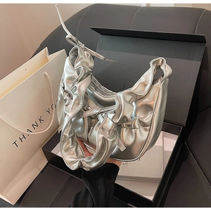 Fashion Women Ruched PU Leather Shoulder Bag Elegant Bow Decor Pleated Crescent Hobo Bag Solid Color Chic Underarm Handbag