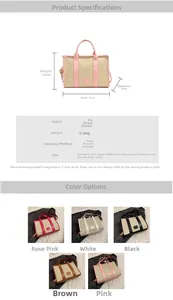 Detailed size specifications and color options for the woven straw tote bag with PU trim