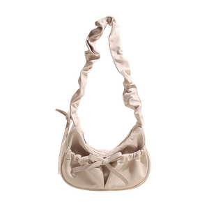 Minimalist beige pleated PU leather crossbody bag with a butterfly bow decoration