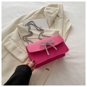 Women Trendy PU Leather Shoulder Bag Elegant Rhinestone Bow Silver Chain Strap Crossbody Flap Square Handbag For Daily Party