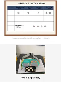 Guide des tailles pour sac bandoulière en nylon 35x9x18cm avec instructions de lavage