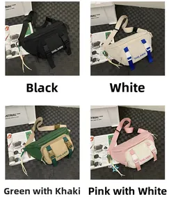 Collage of fashion nylon fanny packs in four colors with buckle straps and letter print