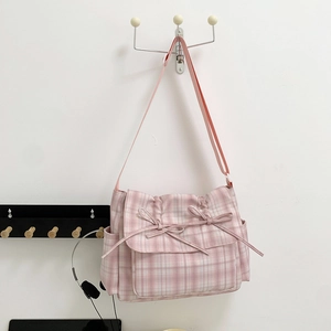 Sac bandoulière rose à carreaux en nylon avec nœuds et bandoulière réglable
