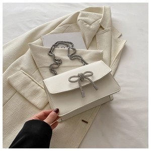 French cream style white PU leather crossbody bag with sparkling butterfly bow and chain