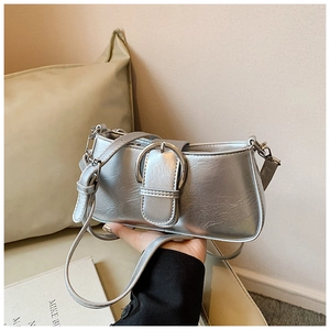 Silver metallic PU leather baguette bag with large oval buckle and slim shoulder strap
