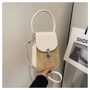 Minimalist bicolor PU leather crossbody bag with beige top handle and khaki suede texture