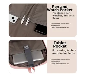 Detail view of pink oxford backpack interior with specialized tablet and pen organizer pockets