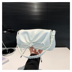 Women Urban Minimalist PU Pleated Shoulder Bag With Bowknot Decor Woven Handle Versatile Handbag For Daily Commuting