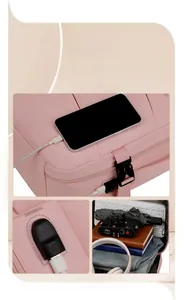 Detail showing pink water-resistant Oxford backpack with external USB charging port and interior space