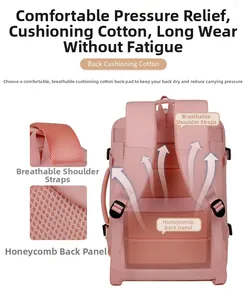 Detail of pink water-resistant backpack showing breathable mesh straps and back panel pads