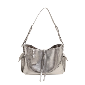 Metallic silver PU leather crossbody bag with chain strap and side pockets for women