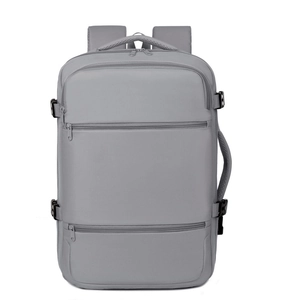 Detailed side view of grey waterproof oxford backpack showing thickened handle and buckles