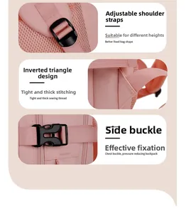Detail of adjustable straps with reinforced triangle stitching and buckles on pink backpack