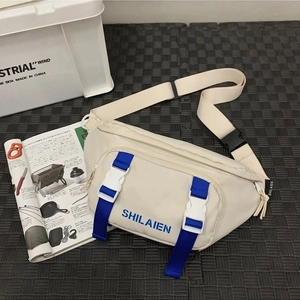 Off-white nylon fanny pack with blue accents and plastic buckle for summer fashion
