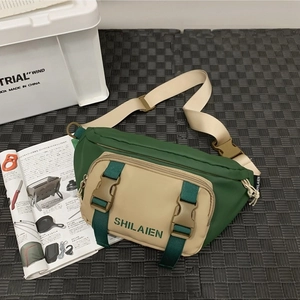 Army green and beige nylon waist bag with adjustable strap for outdoor activities