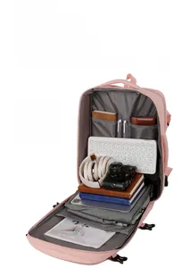 Pink water-resistant oxford backpack with 180 degree opening and multi-layer storage