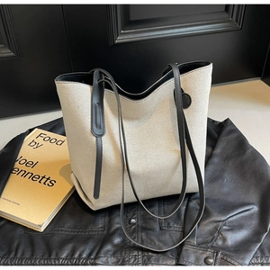 Women Large Capacity Canvas Tote Bag Minimalist Urban Shoulder Bag With PU Leather Handle Patchwork Handbag For Work Daily Casual