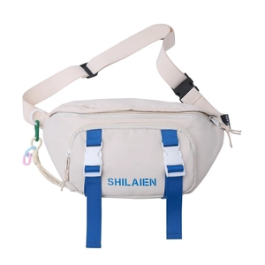 Beige nylon fanny pack with blue strap, plastic buckle and stylish colorful chain
