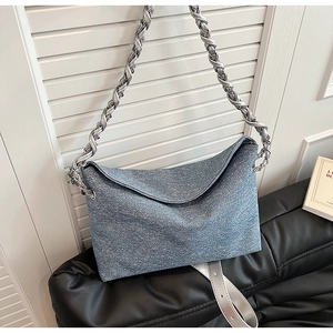 Women's PU Leather Denim Texture Shoulder Bag Large Capacity Crossbody Bag Silver Metal Chain Strap Urban Simple Hobo Bag
