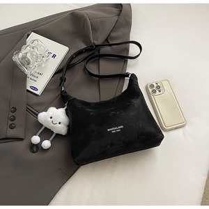 Minimalist black PU leather underarm bag with white logo and cute cloud charm accessory