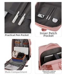 Detailed interior views of pink backpack with laptop compartment and pen slots
