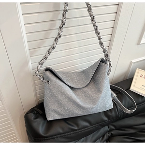 Silver textured PU leather crossbody bag with chain strap and soft folding flap design