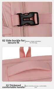 Pink water-resistant backpack detail with side buckle and padded foam handle