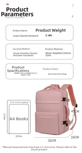 Detailliertes Diagramm des rosa Oxford-Rucksacks mit Maßen und Eigenschaften