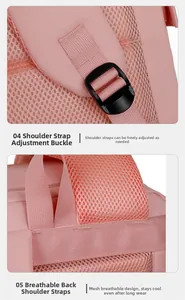 Detailed view of pink backpack featuring adjustable plastic buckles and breathable mesh straps