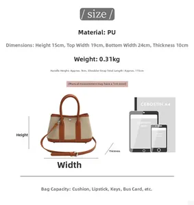 Detailed dimensions of the canvas and leather handbag showing its capacity and size