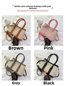 Minimalist canvas and PU leather tote bags shown in brown, pink, grey and black colors